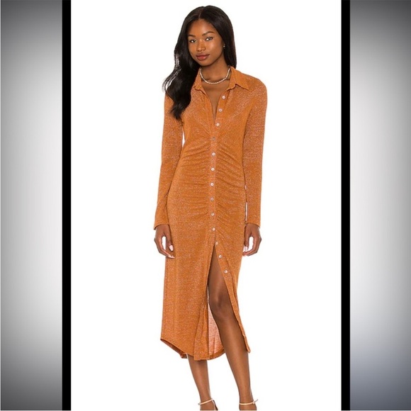 Suboo Revolve Asha Lurex Shirt Dress in Rust size medium midi sexy - Picture 2 of 9